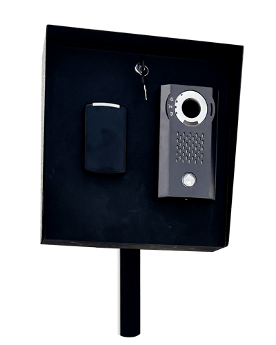 A black intercom access control system mounted on a stand, featuring a speaker unit with a camera on the right, and a card reader on the left. A key is inserted into a lock above the devices.