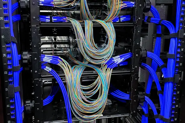 A server rack filled with well-organized and managed blue fiber optic network cables. The cables are neatly arranged and connected to hardware, illustrating a well-maintained data center setup.