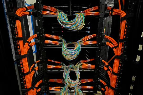 A neatly organized server rack filled with bright orange fiber optic cables. The cables are coiled and routed through racks, showing a pattern of careful arrangement and structured cabling in a data center environment.