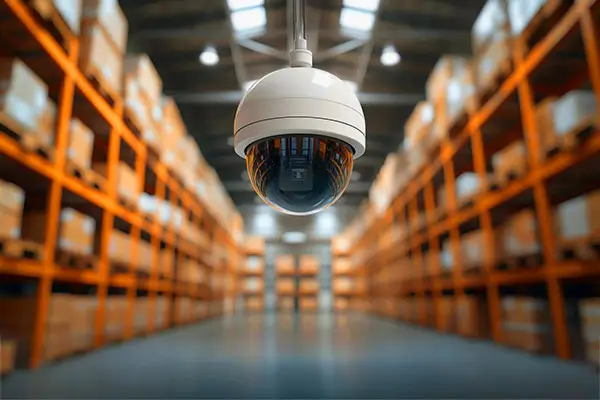 Security camera hanging from the ceiling in a large warehouse. The well-lit warehouse is filled with tall orange shelves stacked with brown boxes. The focus is on the camera, highlighting an effective surveillance system.